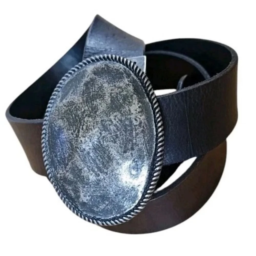 Vintage England Express Black Leather Belt Sz 40 Hammered Gunmetal Oval Buckle